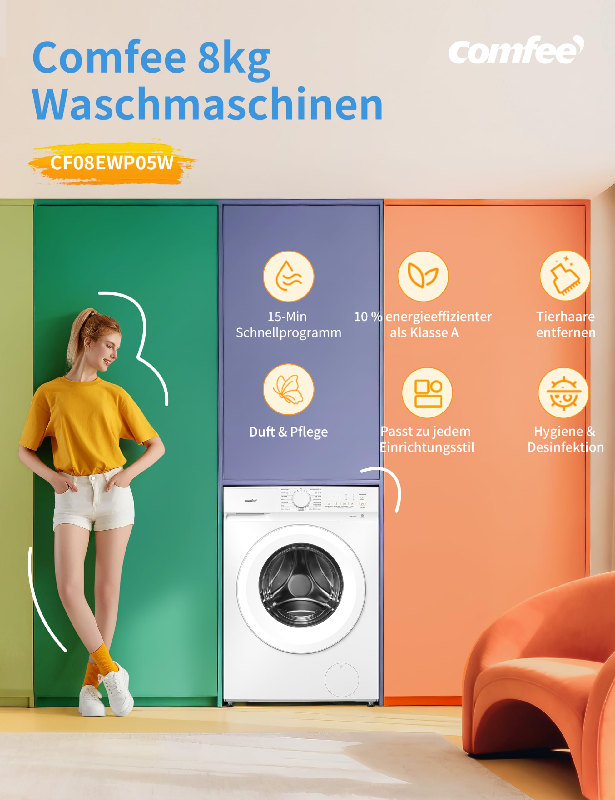 comfee-cf08ewp05w-frontlader-waschmaschine-8-kg-a-10 image 2